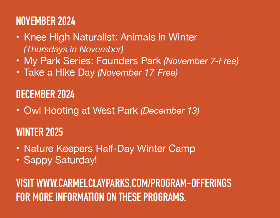 Schedule of upcoming nature programs at Carmel Clay Parks and Recreation.